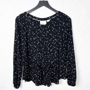 Maeve Anthropologie Ruffle Hem Long Sleeve Blouse Womens Small Black White Print